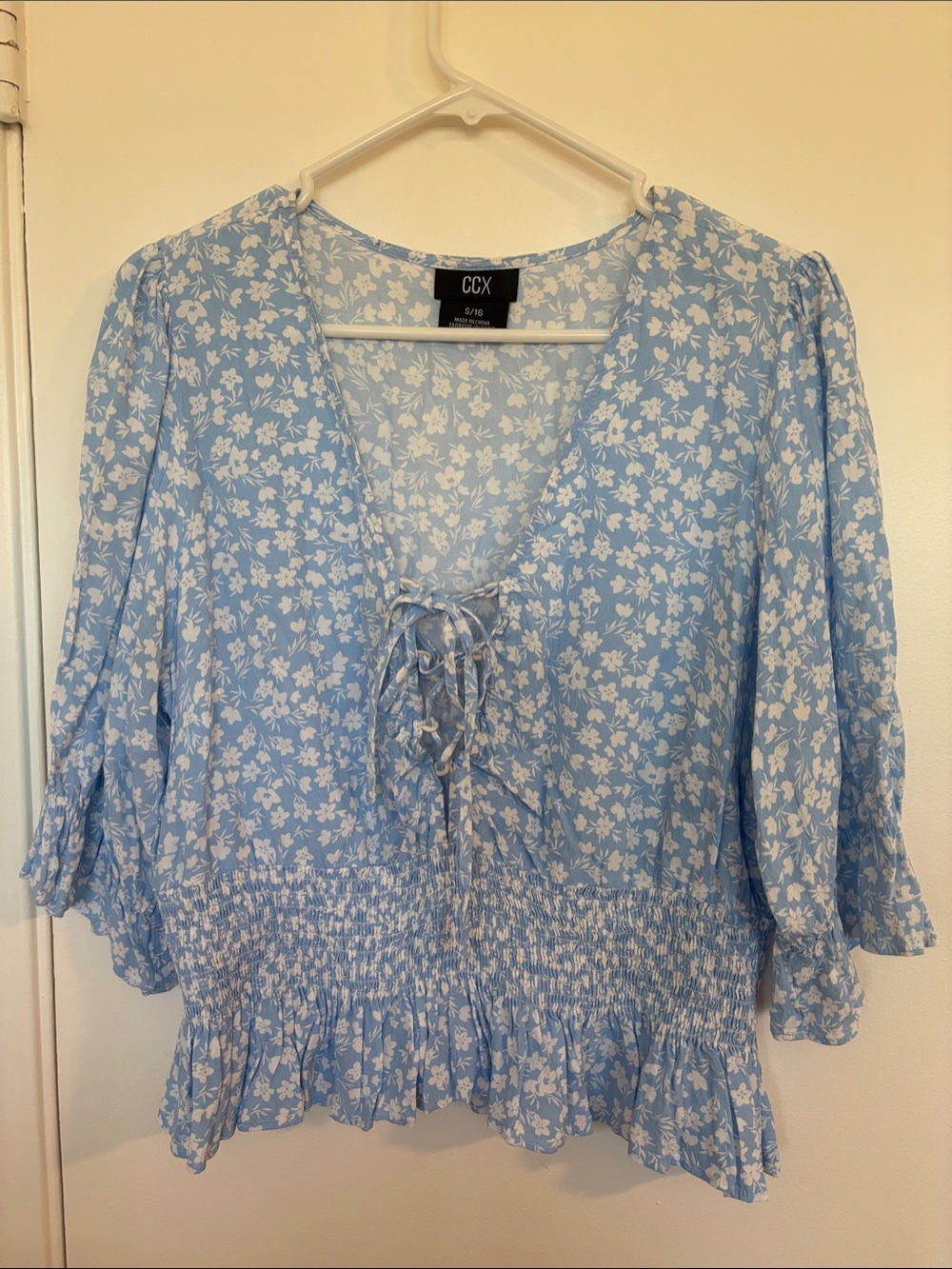 CCX size 16 Light Blue Floral Tie-Front Peasant Top